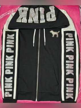 Victoria's Secret PINK Black Zip-Up Hoodie with Rhinestones Logo